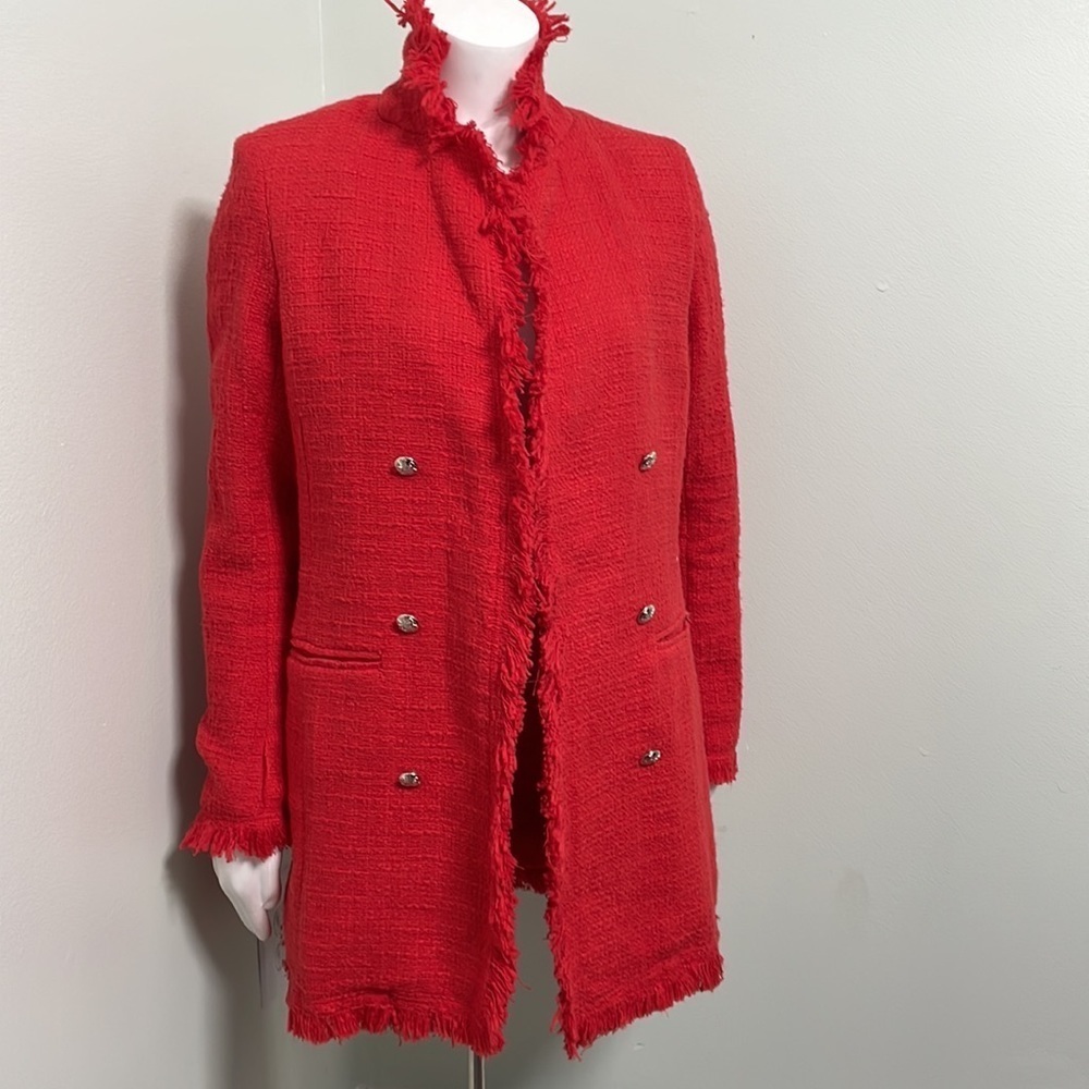 Rachel Zoe Tweed Blazer Fringe Double Breasted Cherry Red - Picture 4 of 11